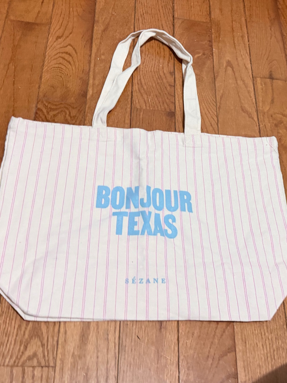 Sézane Bonjour Texas Canvas Tote - White with Pink Stripes and Light Blue Print